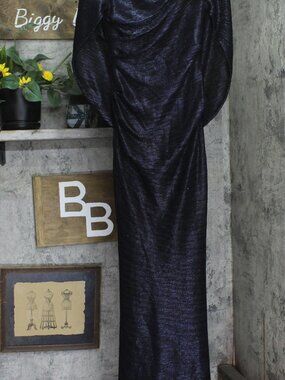 Betsy & Adam Navy Blue Betsy Adam Long Metallic Cape Gown A24013D 4